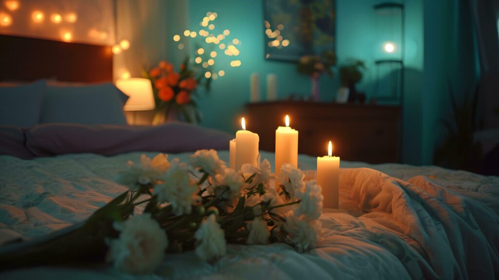 Soft Candle Glow on Bed with Fresh White Flowers Free Photo