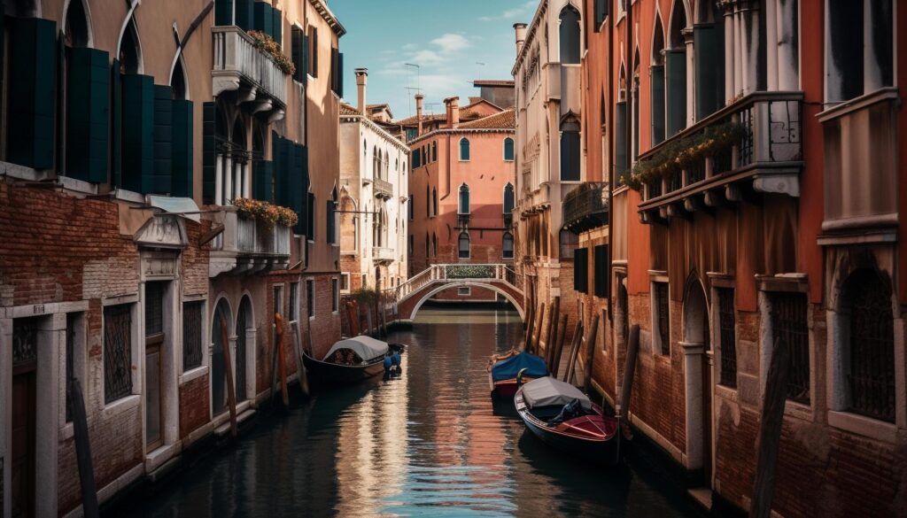 Gondola glides through Venetian canals at dusk generated by AI Stock Free