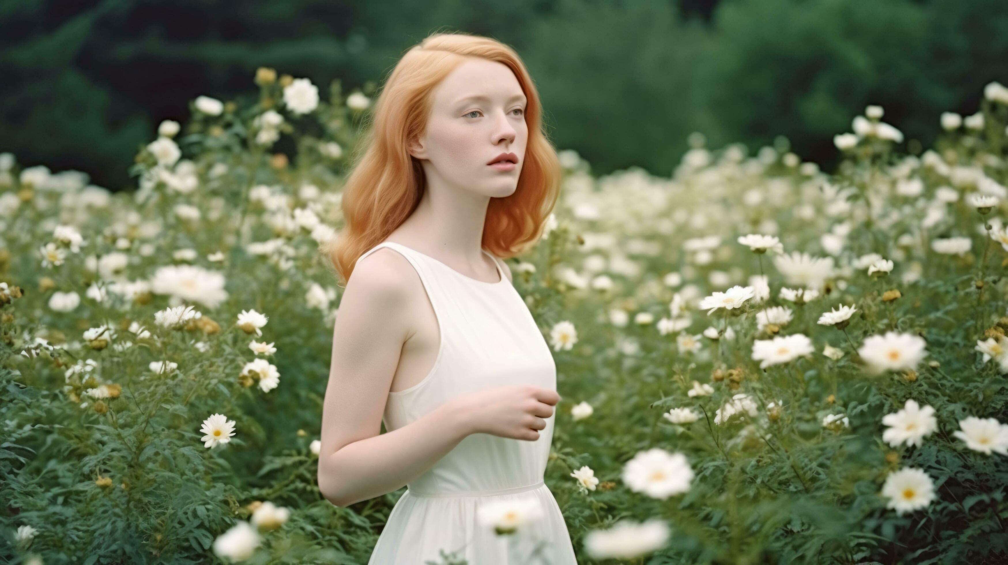 Surreal photo of a girl in nature, flower field, stock, woman beauty, blonde, redhead, Generative AI Stock Free