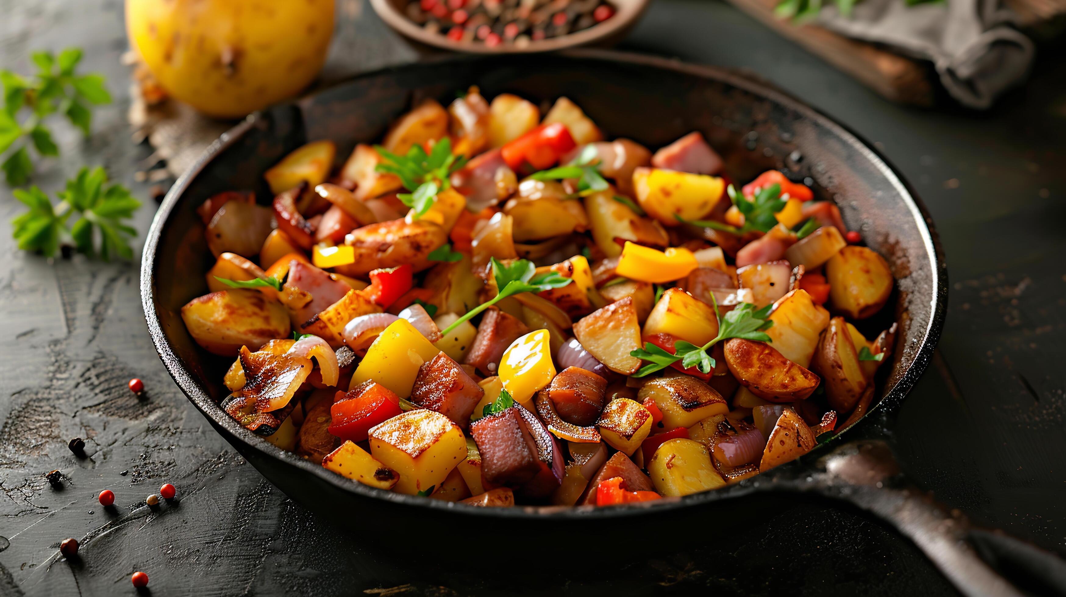 Breakfast hash made with diced potatoes, bell peppers, onions, and diced ham, served in a skillet. Stock Free