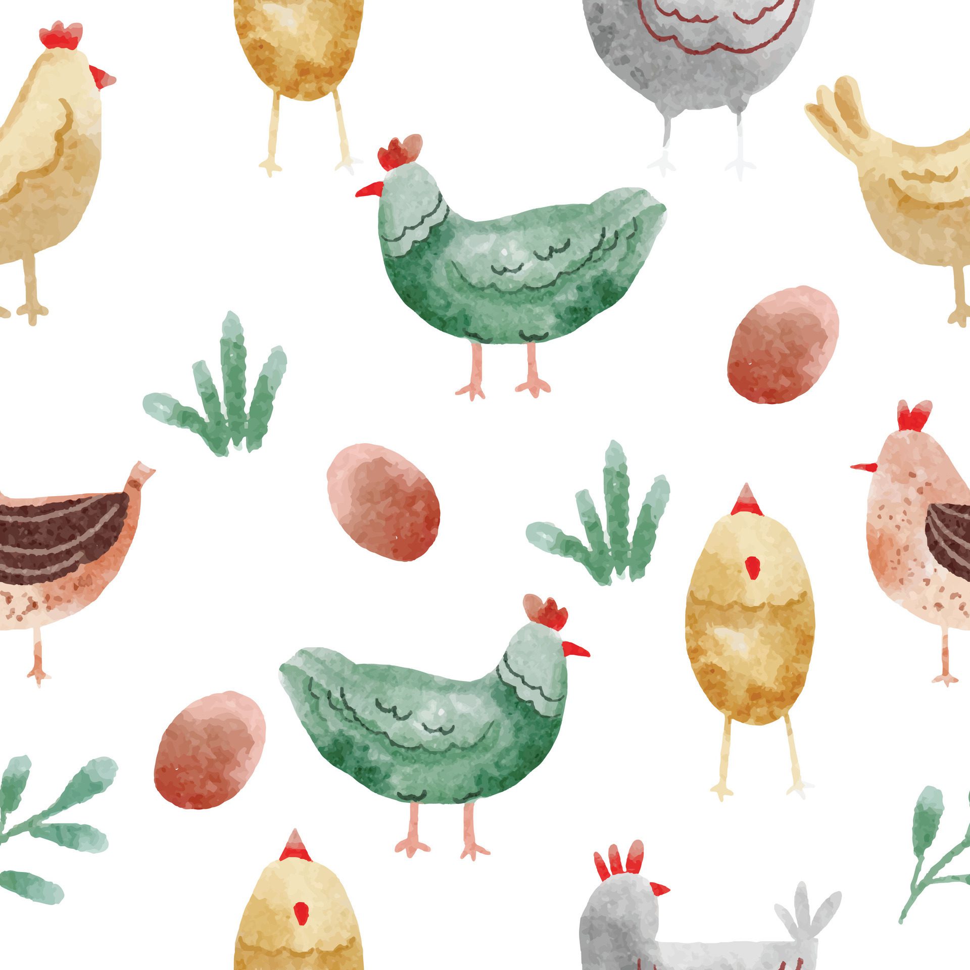 Cute Chicken Watercolor Seamless Pattern Free Vector