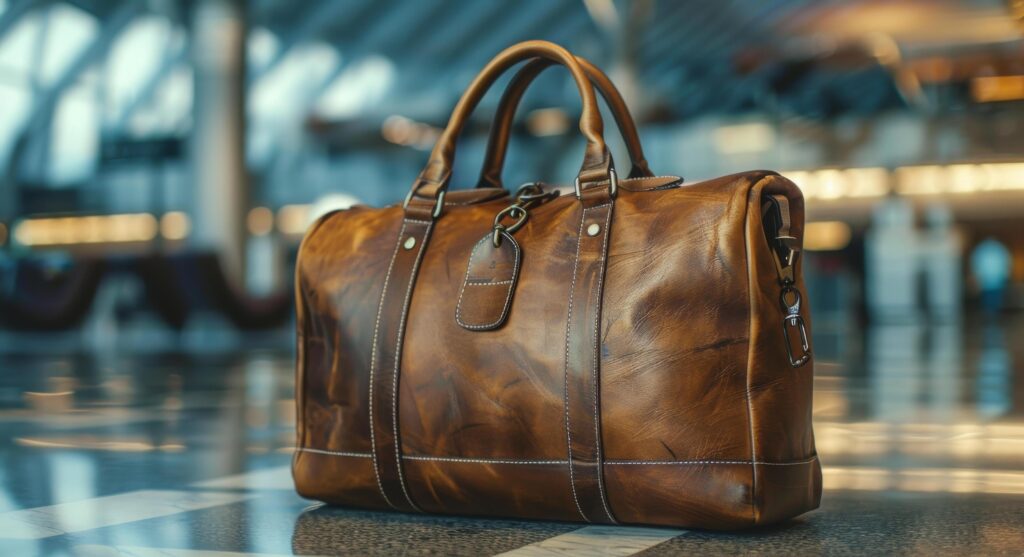 Brown Leather Travel Bag Resting on a Polished Floor in an Airport Stock Free