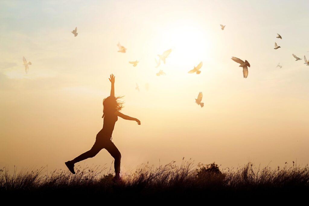 Woman and flying birds enjoying life in nature on sunset background Stock Free