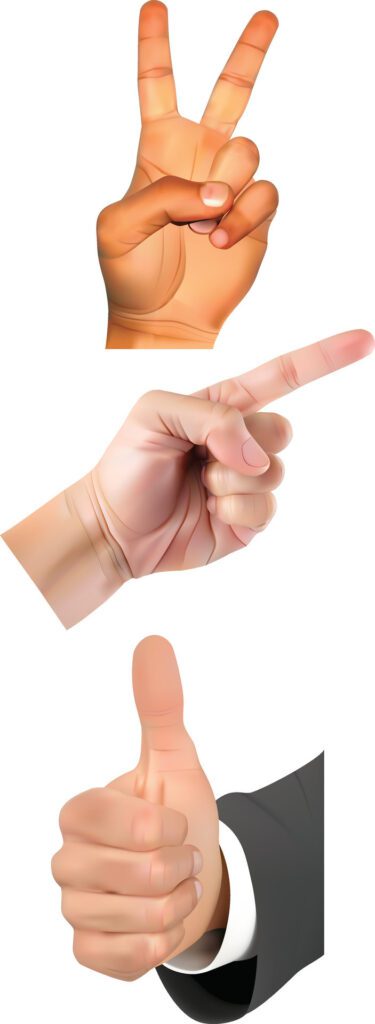 Hands set holding gestures. Hand showing pointing finger, like, victory finger at something on white background, Free Vector