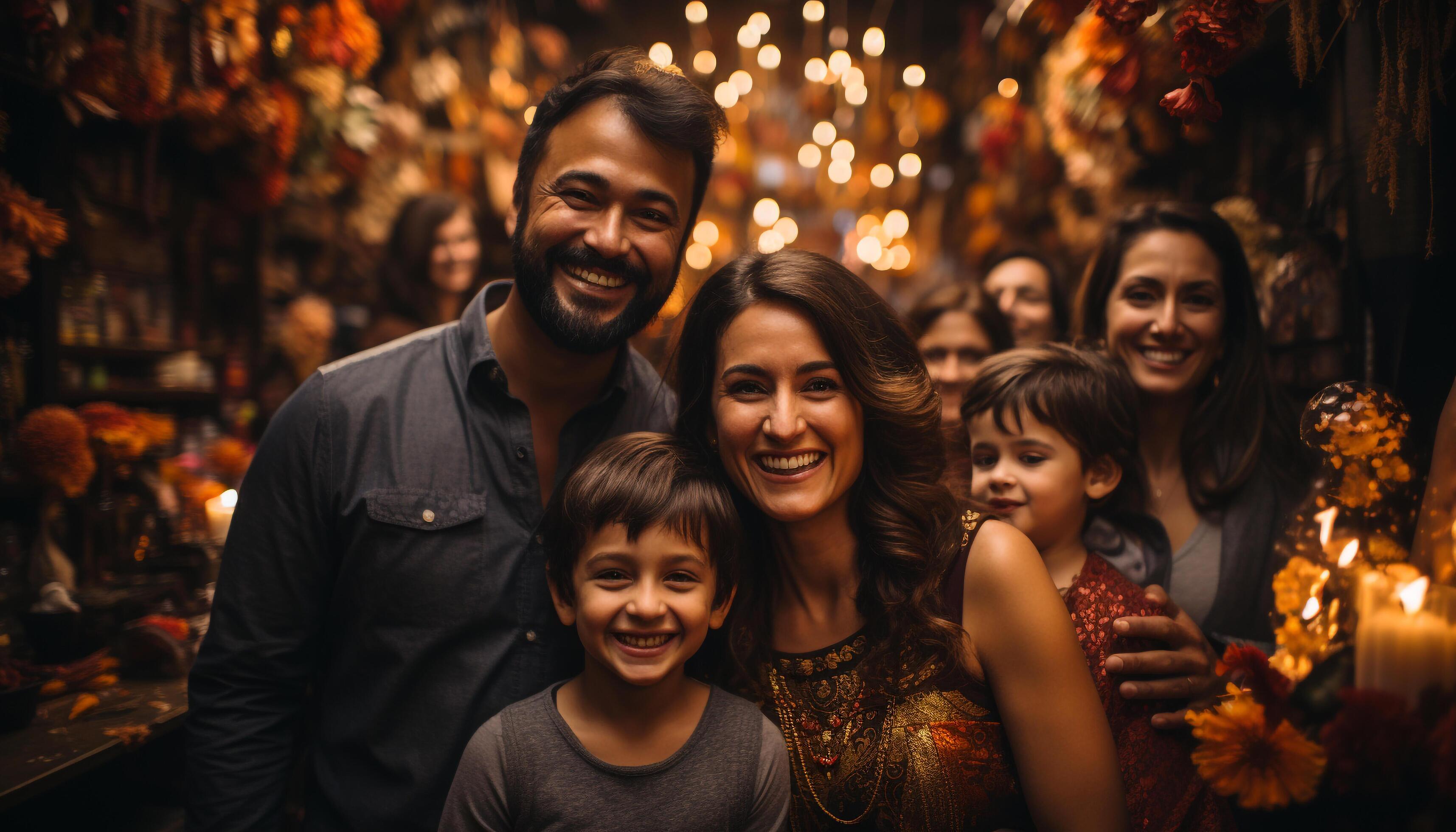 AI generated A happy family enjoying a festive celebration outdoors, smiling together generated by AI Stock Free