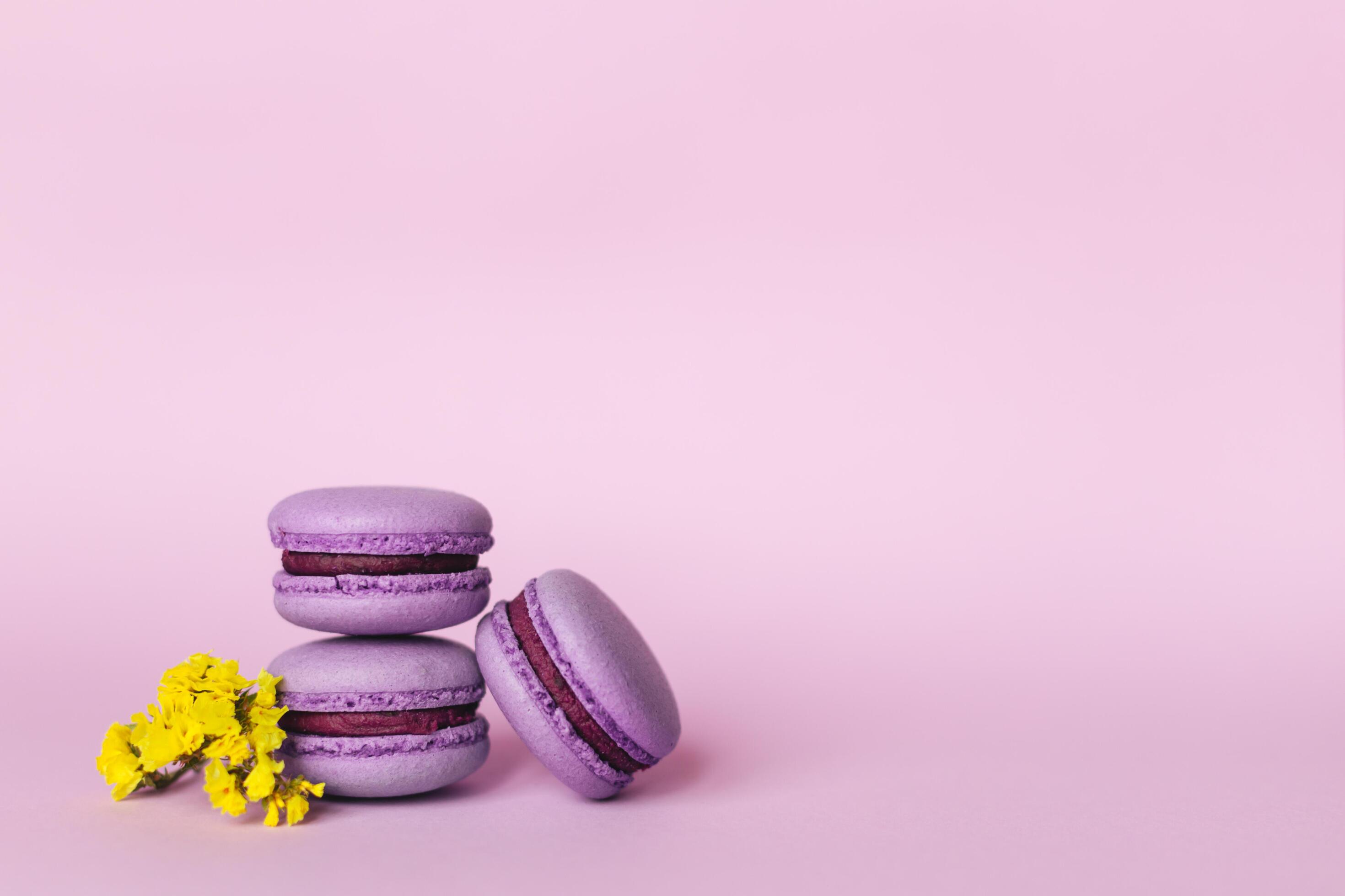 Three purple french macarons with yellow flowers on a purple background. Stock Free