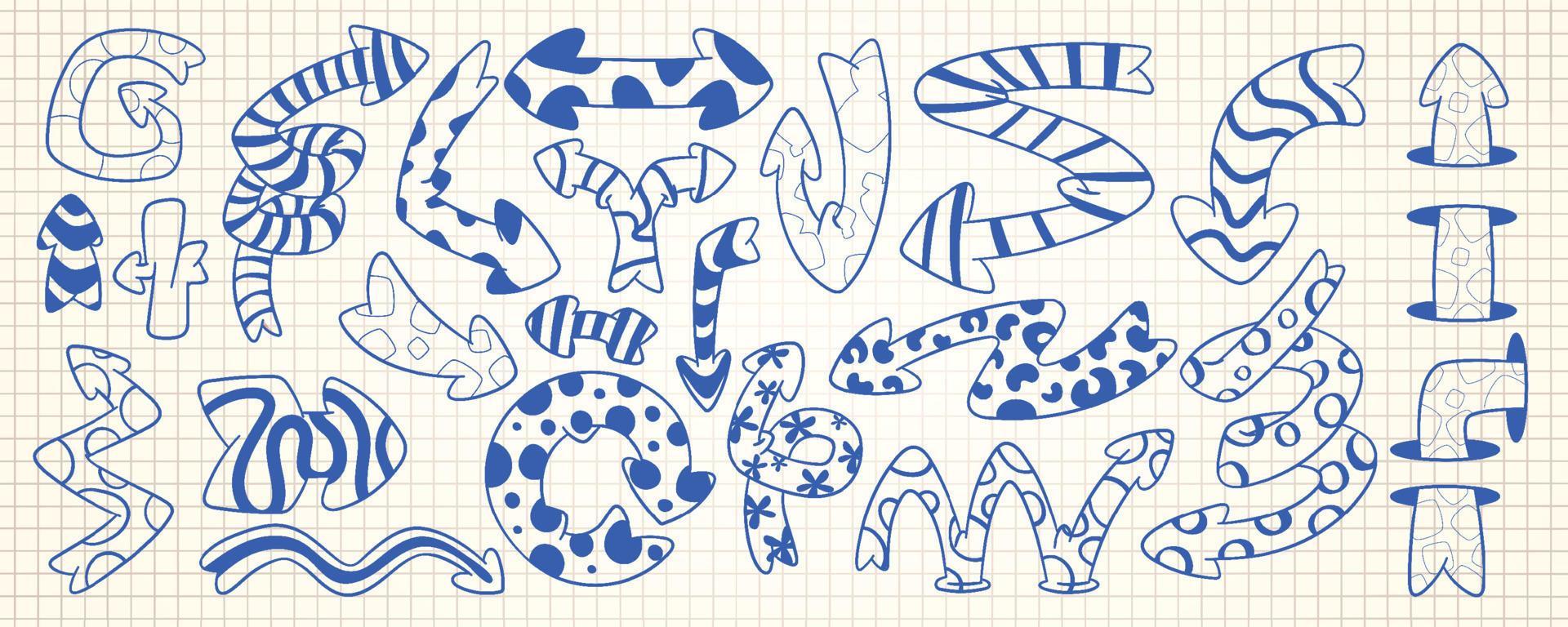 Doodle set of blue quirky arrows on grid paper Stock Free