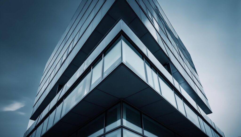 Tall modern skyscraper with blue glass facade and geometric pattern Stock Free