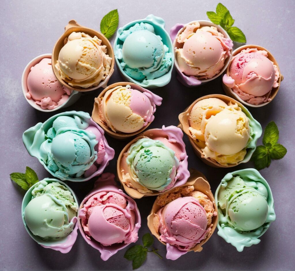 Colorful ice cream scoops in cones on a gray background. Free Photo