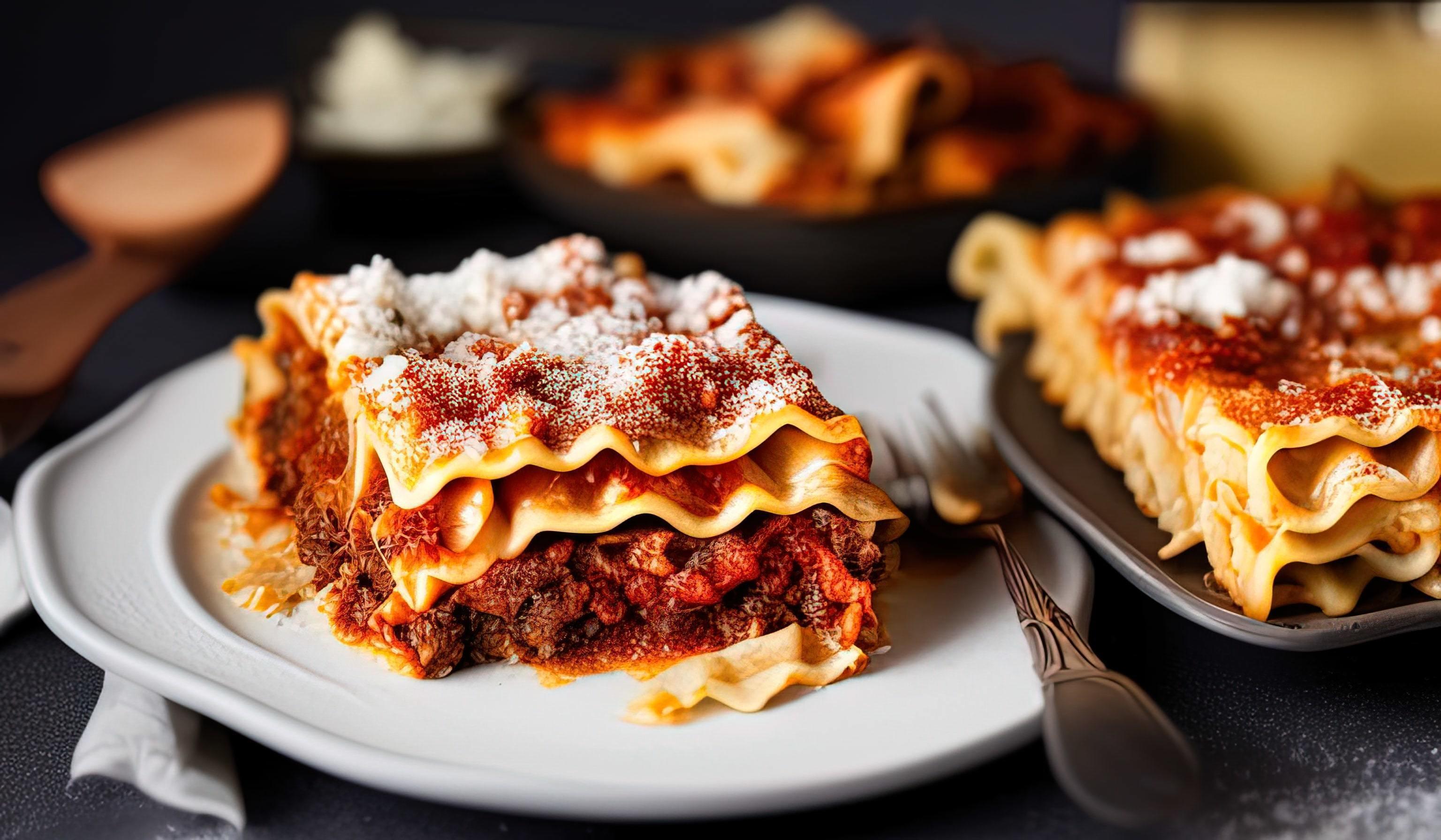 professional food photography close up of a Plate of lasagna on a dark gray background Stock Free