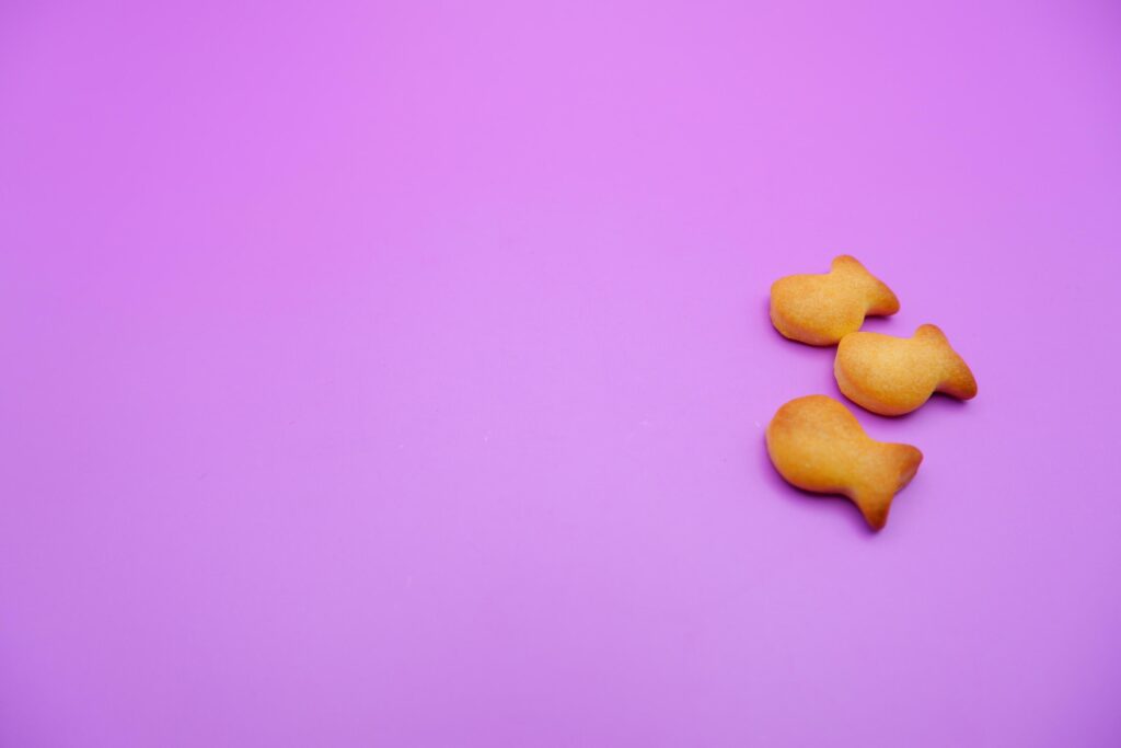 three biscuits shaped like fish isolated on a purple background Stock Free