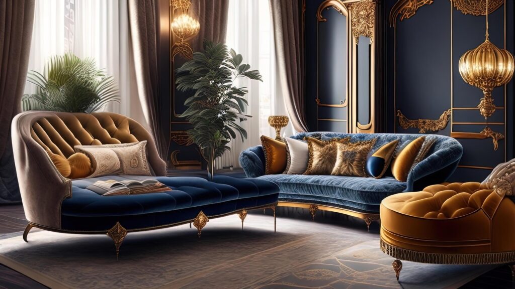 Luxury royal bedroom interior with golden walls, luxurious gold furniture and drapery. Stock Free