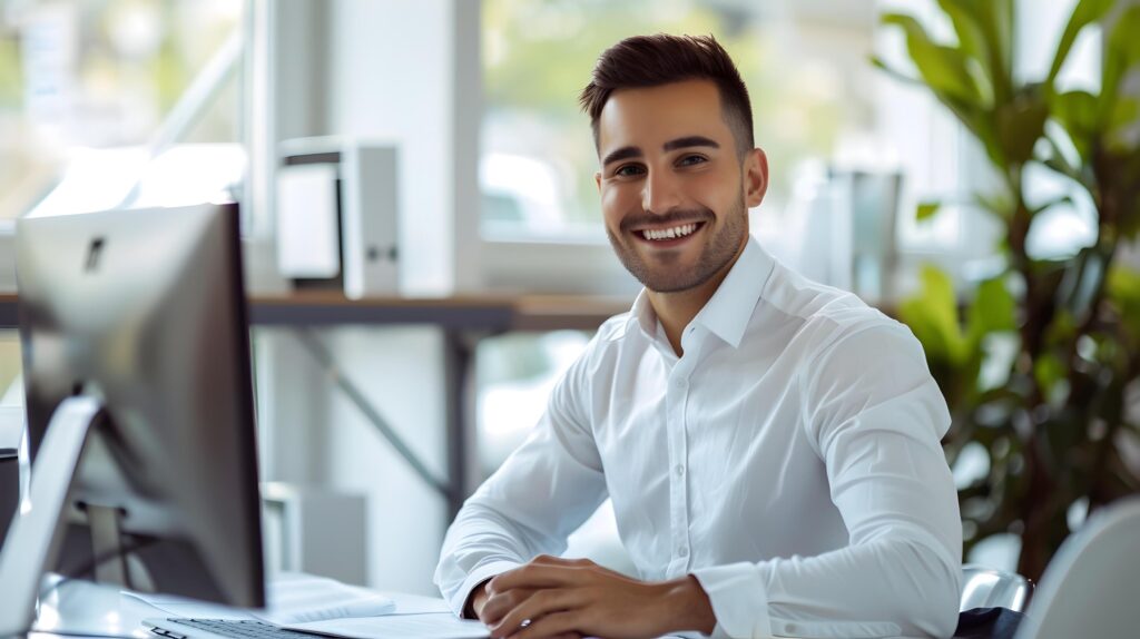 Cheerful Young Business Manager Working Diligently at His Desk in Modern Office Environment Stock Free