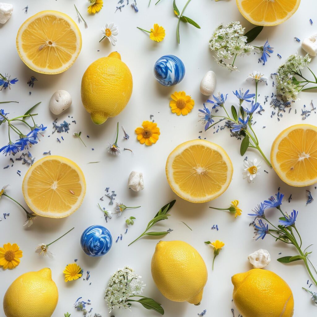 Blue Swirl Cake With Lemon and Daisies on a White Background Stock Free