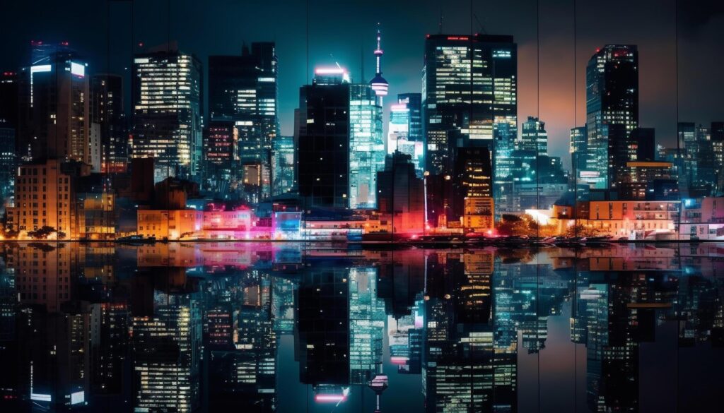 Illuminated city skyline reflects on water, a futuristic urban landscape generated by AI Stock Free