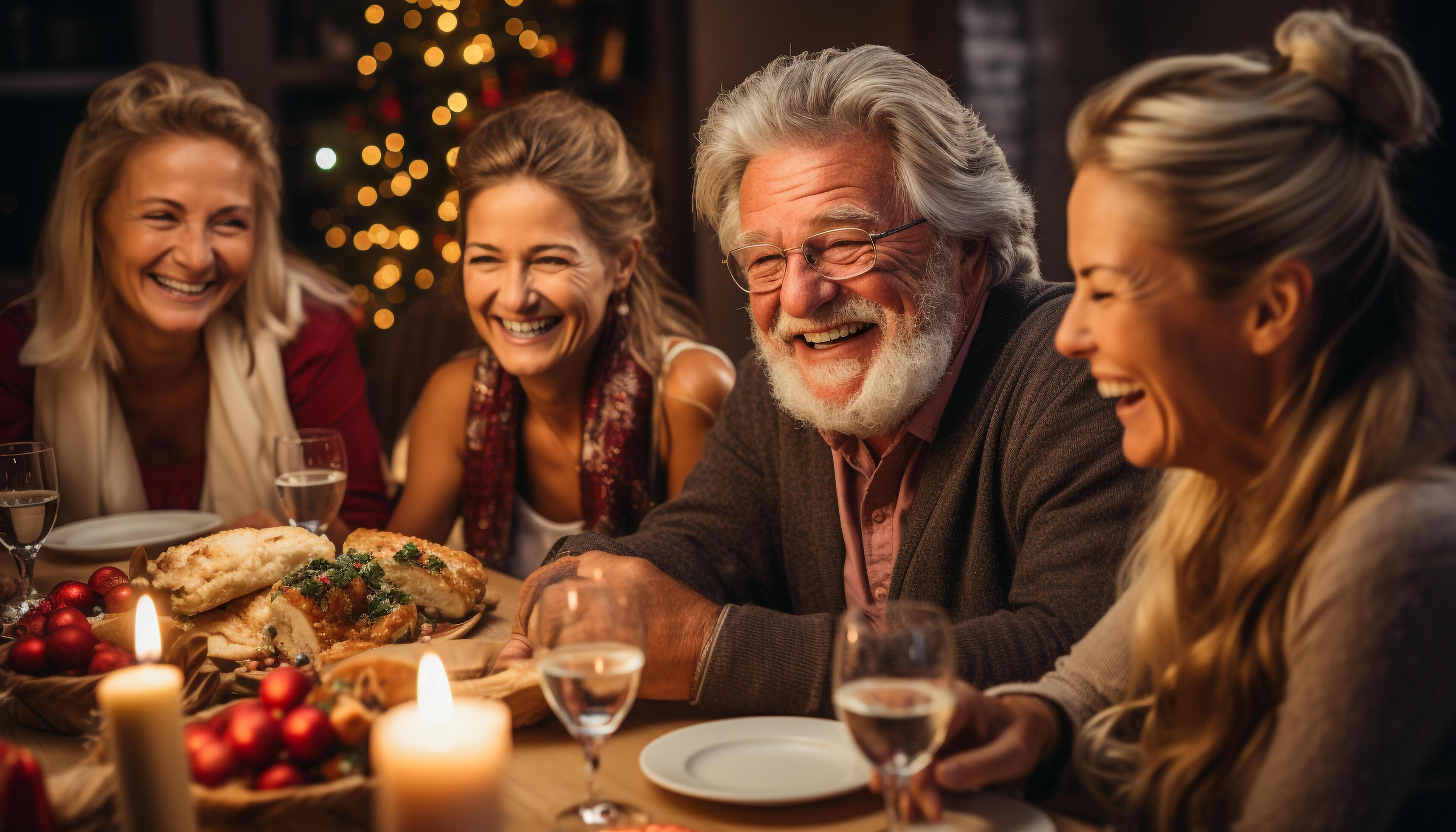 AI generated A joyful family celebration, sitting together, enjoying food and wine generated by AI Stock Free