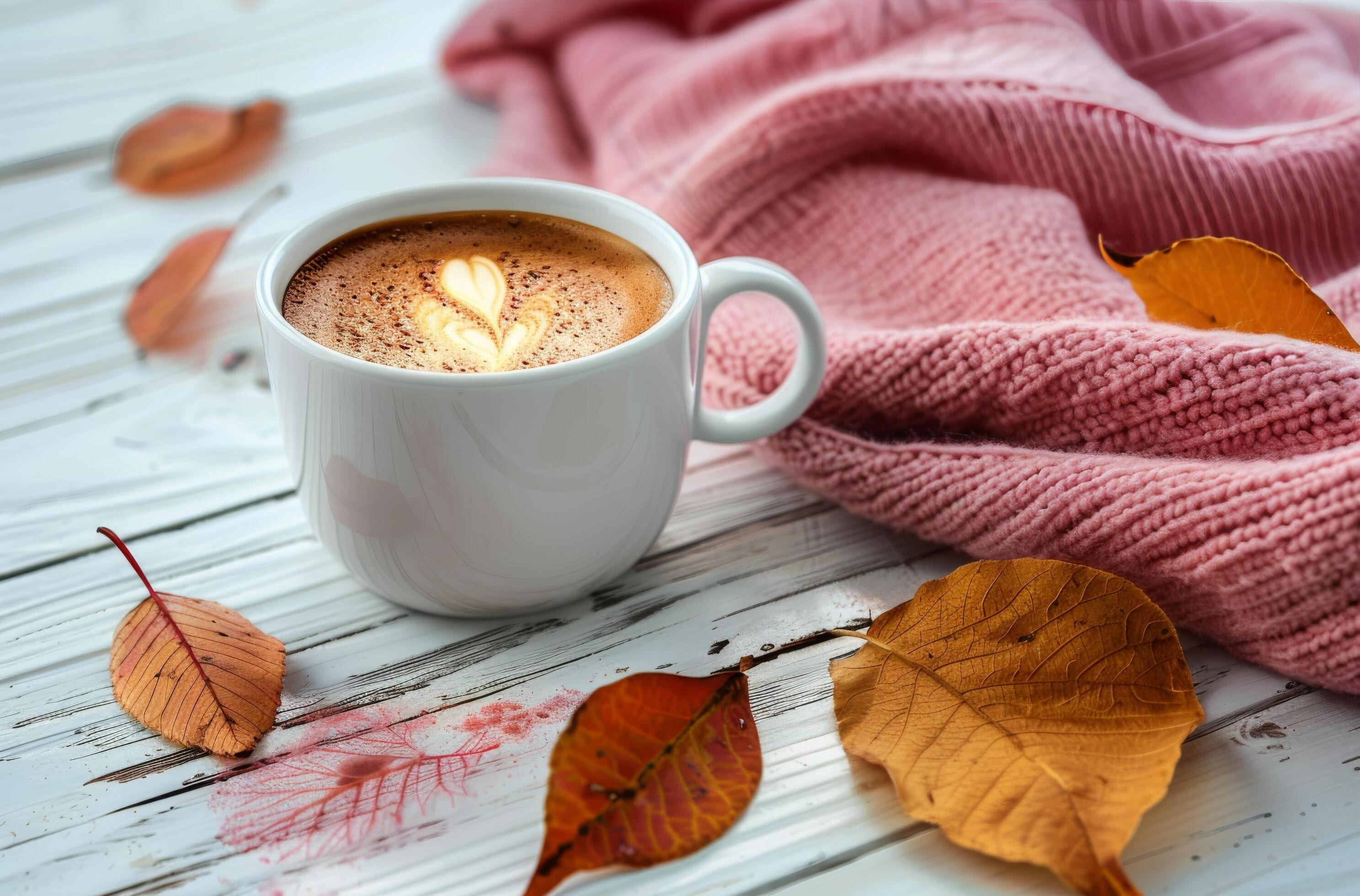 Warm Latte With Autumn Leaves and Blanket on White Wooden Table Stock Free