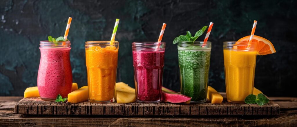 five different types of smoothies placed against a wooden board Free Photo