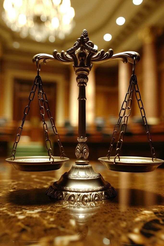 Elegant scales of justice in ornate courtroom with warm lighting Free Photo