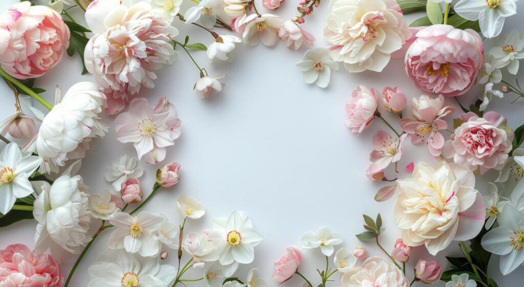 White and Pink Flowers and Green Leaves Bordering a White Background Stock Free