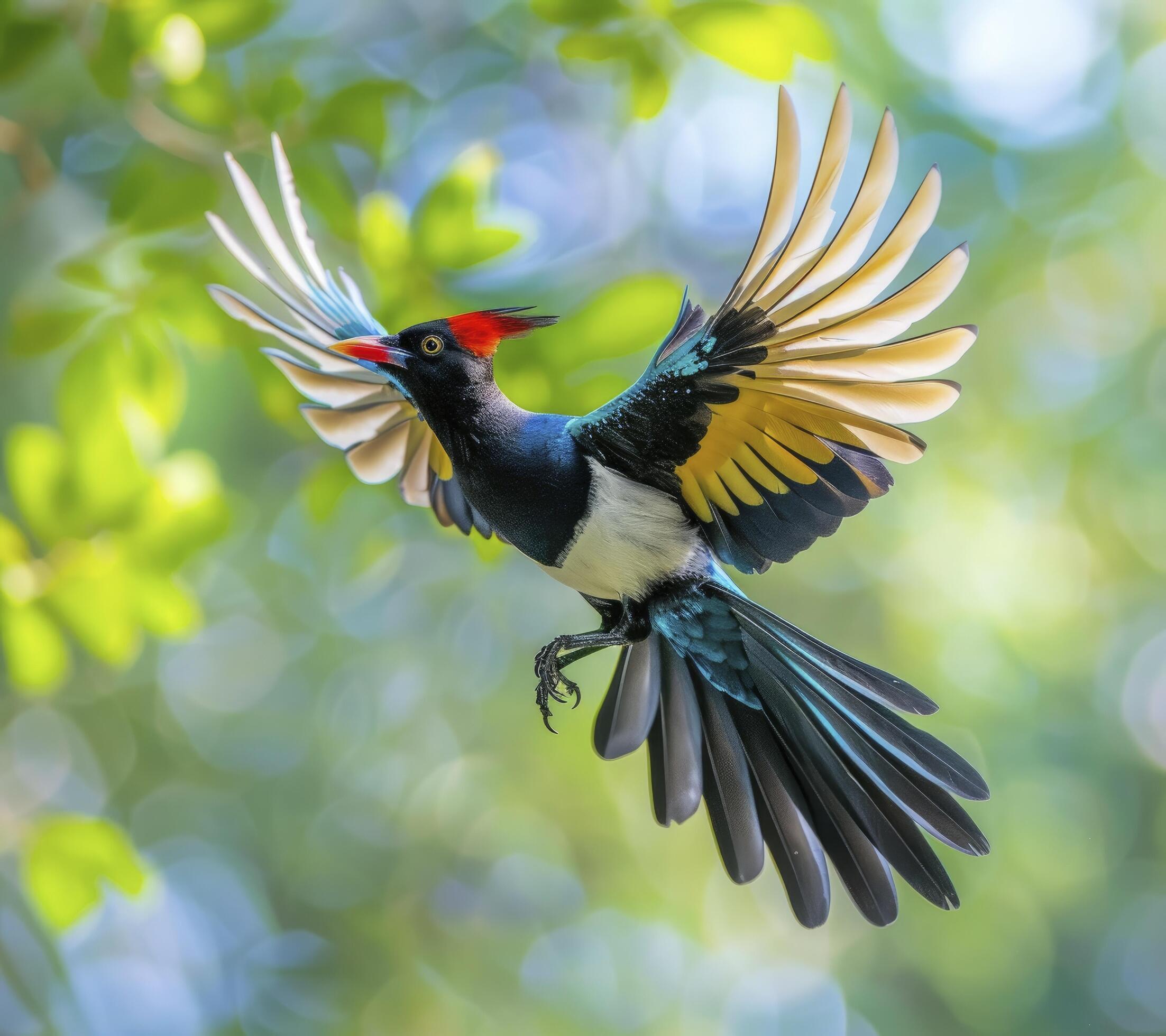 colorful magpie bird in black, blue and yellow colour flying with green blur bokeh background Stock Free