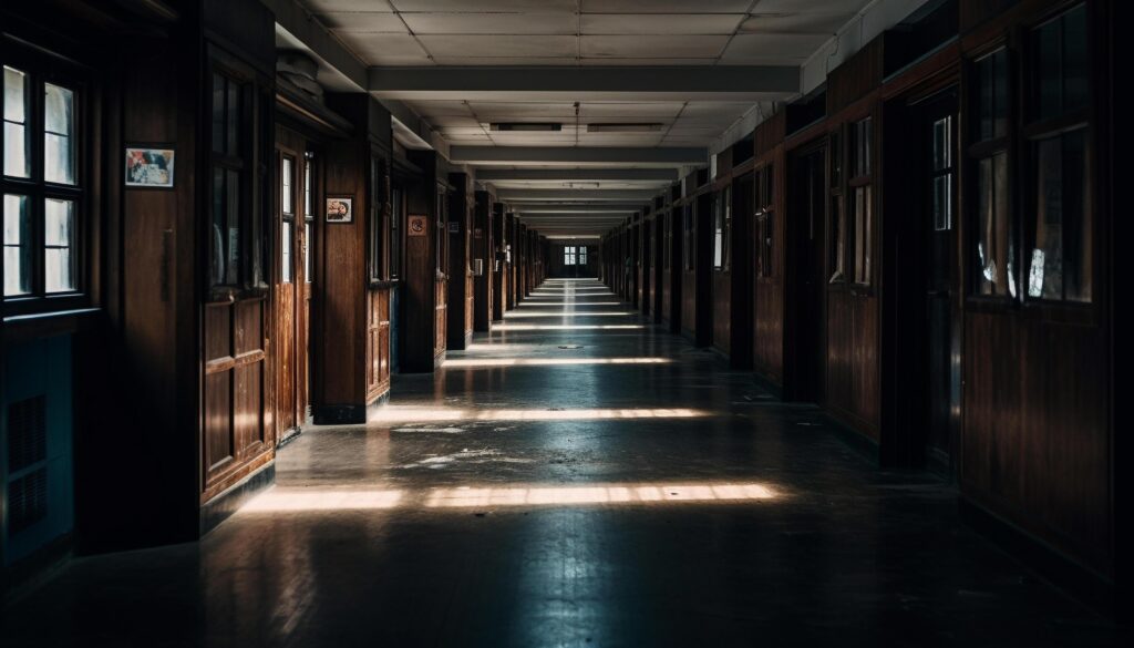 Vanishing point in modern corridor, illuminated by natural reflection generated by AI Stock Free