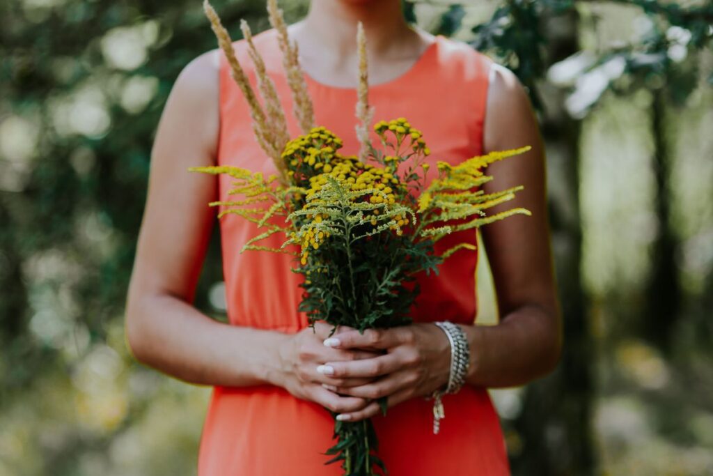 Woman in a red dress with flowers outdoors Stock Free