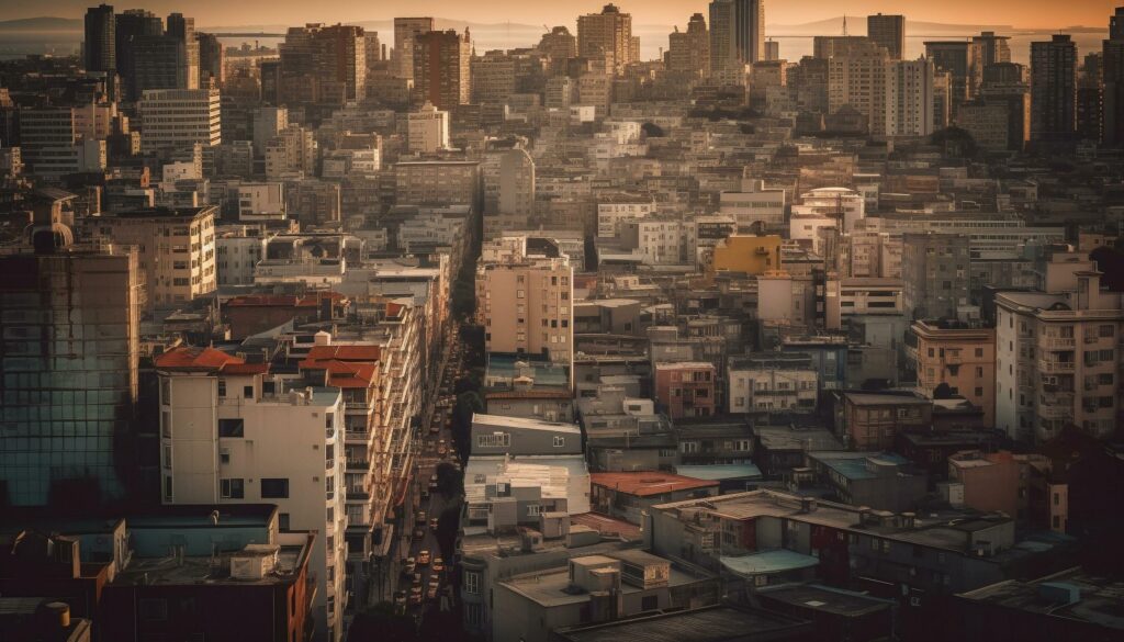 Beijing urban skyline illuminated at sunset generated by AI Stock Free