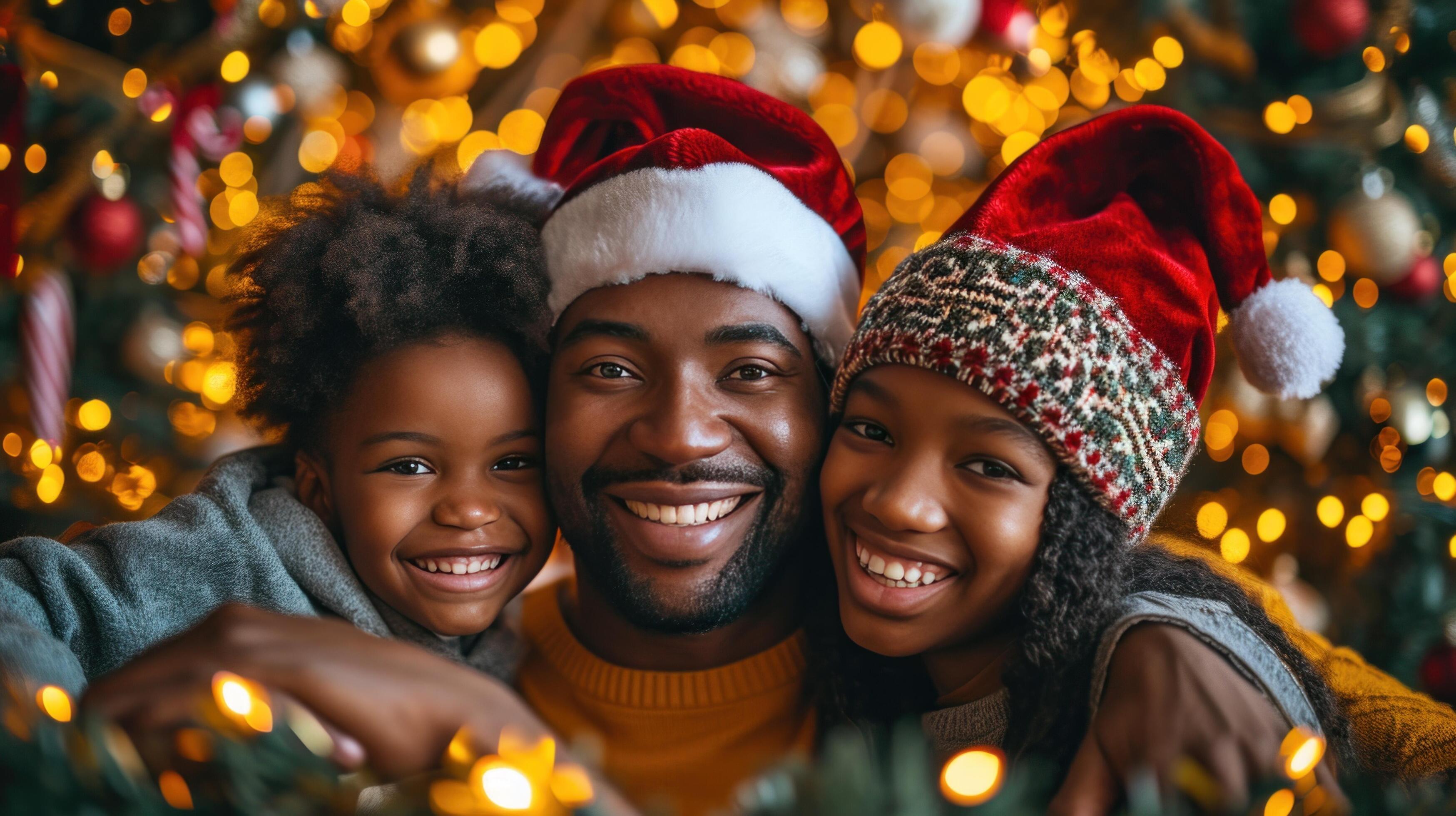 AI generated Vibrant family celebration, gleeful faces wrapped in holiday lights and decorations Stock Free