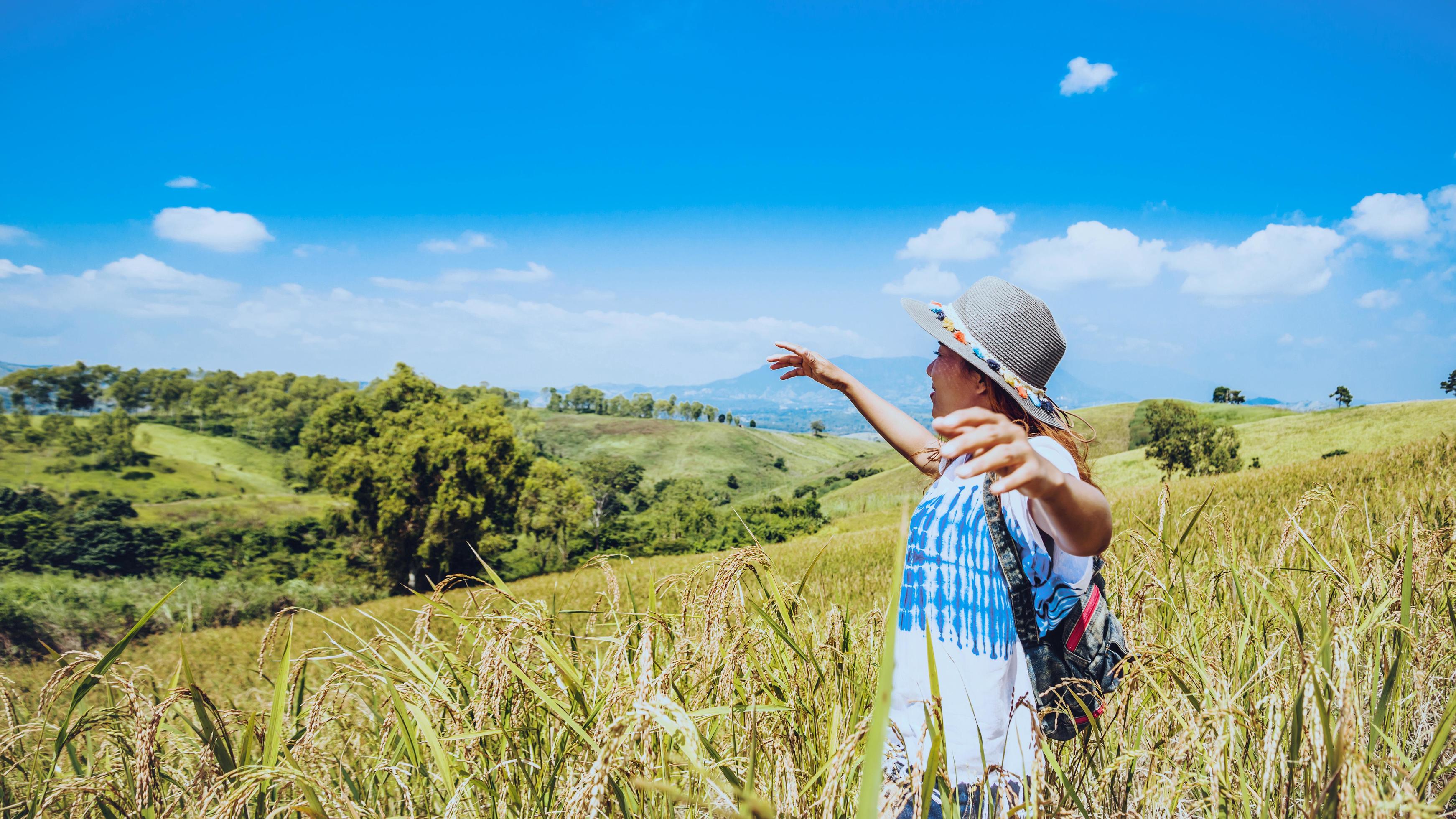 Asian women travel relax in the holiday. Stand natural touch mountain field. Thailand Stock Free