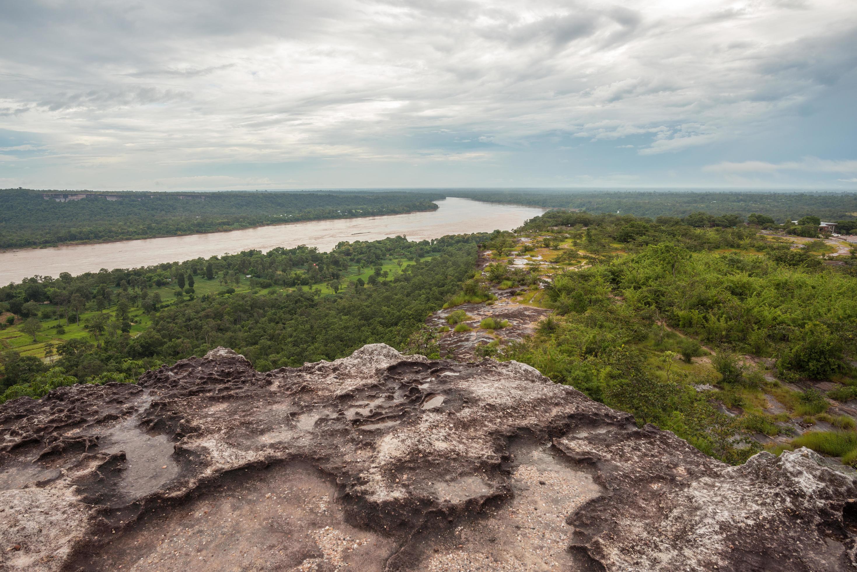 Mekong river the nature border between Thailand and Laos scenery view from Pha Taem National Park in Ubonratchathani province of Thailand. Stock Free