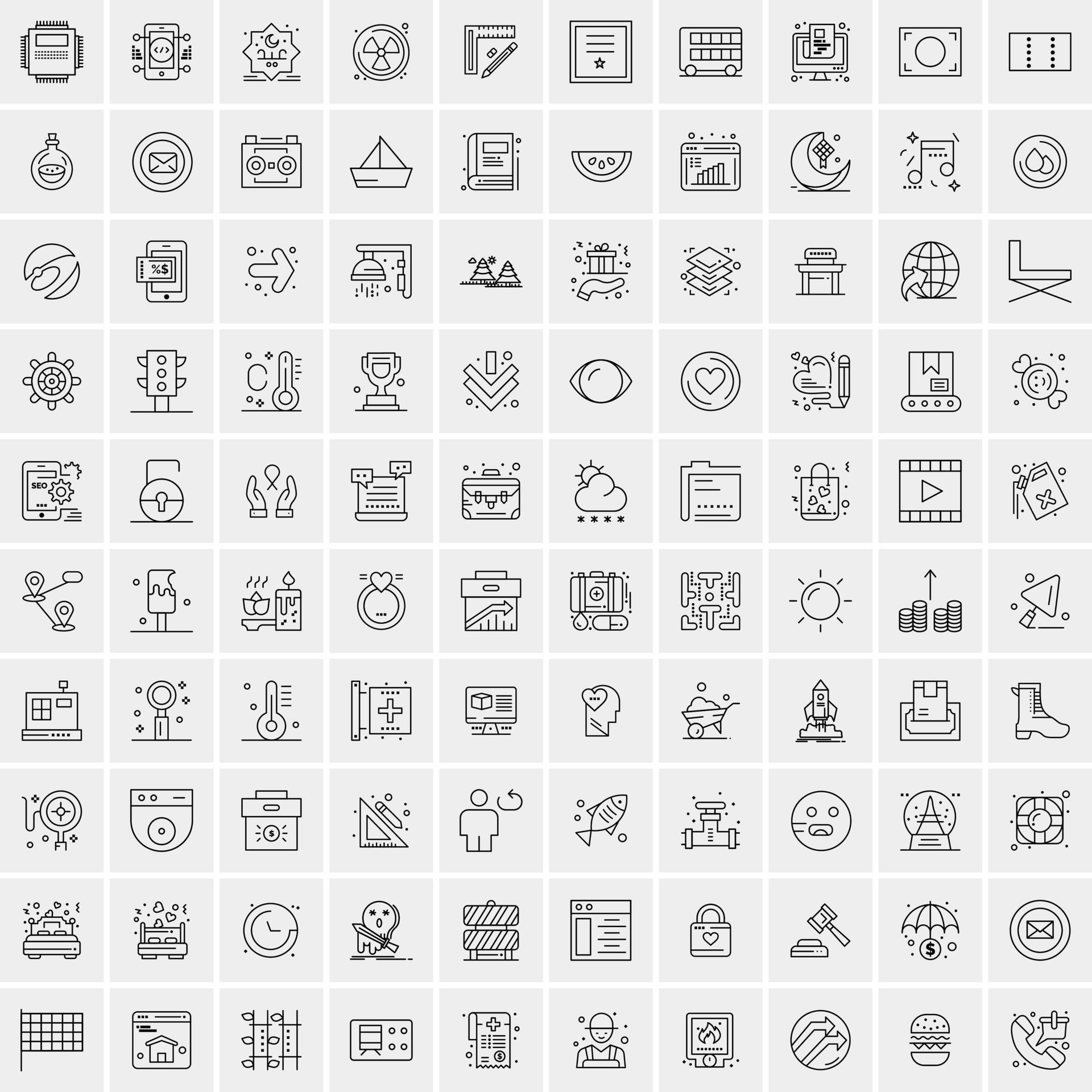 Set of 100 Universal Modern Thin Line Icons for Mobile and Web Mix Business icons Like Arrows Avatars Smileys Business Weather Stock Free