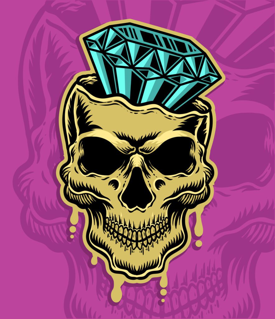 Illustration skull head with diamond on pink background Free Vector