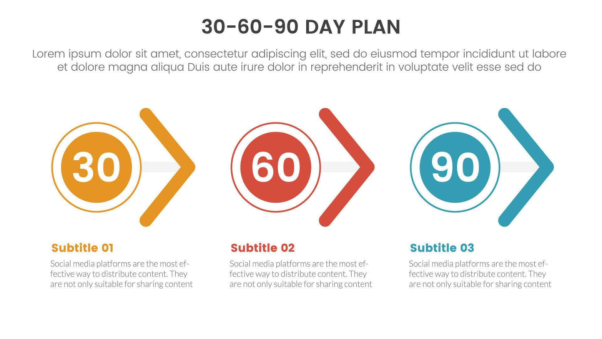 30-60-90 day plan management infographic 3 point stage template with circle and arrow shape right direction concept for slide presentation vector Stock Free