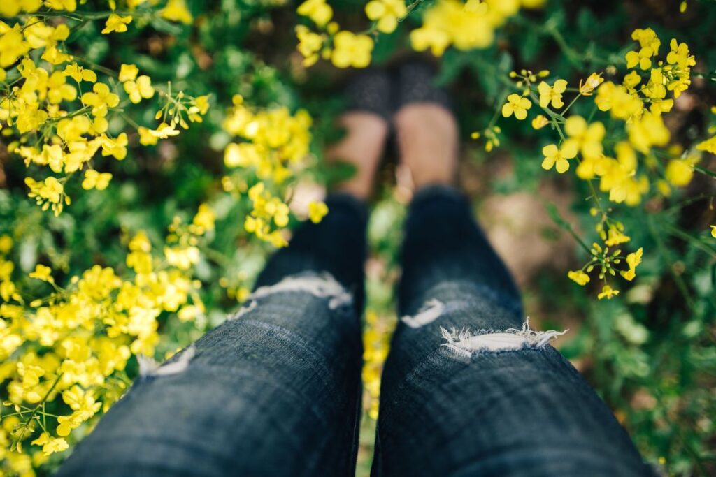 Woman with vintage camera in the field of blooming rapes Stock Free