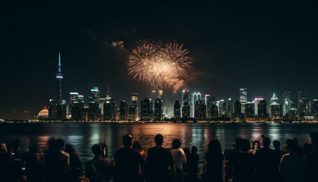 Illuminated city skyline ignites celebration with fireworks generated by AI Stock Free