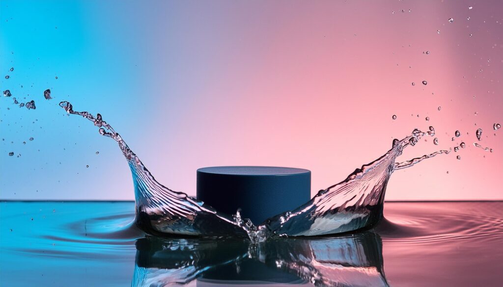 empty blue podium mockup with water splash on a gradient background for product display Stock Free