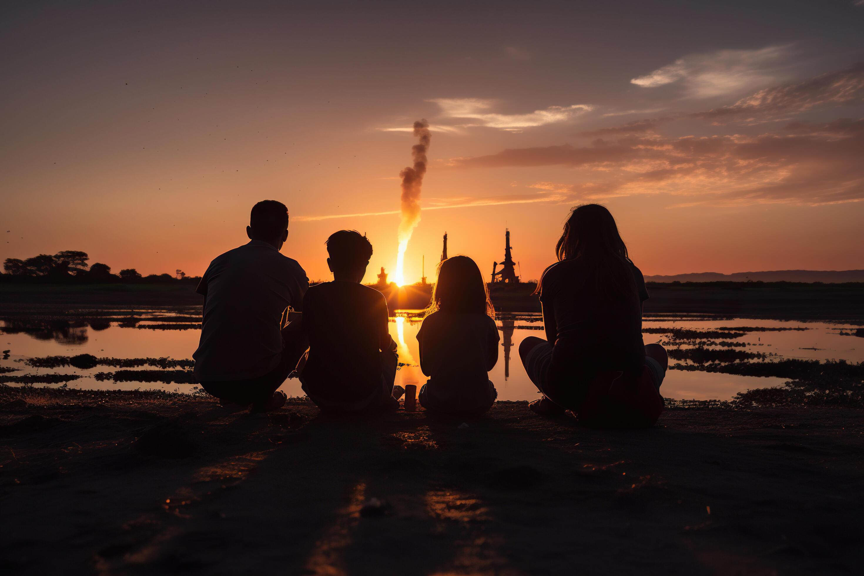 AI generated Family sit by the water and look at the sparks in the sky. Generated by artificial intelligence Stock Free