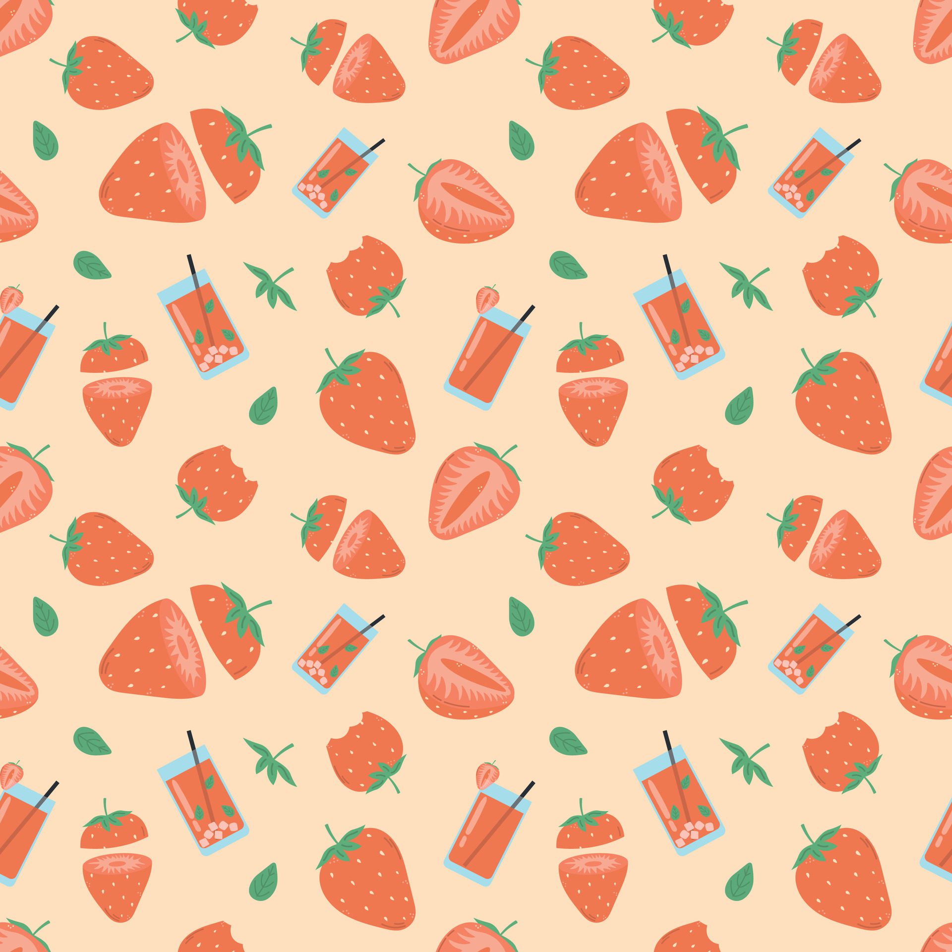 Strawberry Seamless Pattern, Strawberry slice, juice, smoothie Free Vector