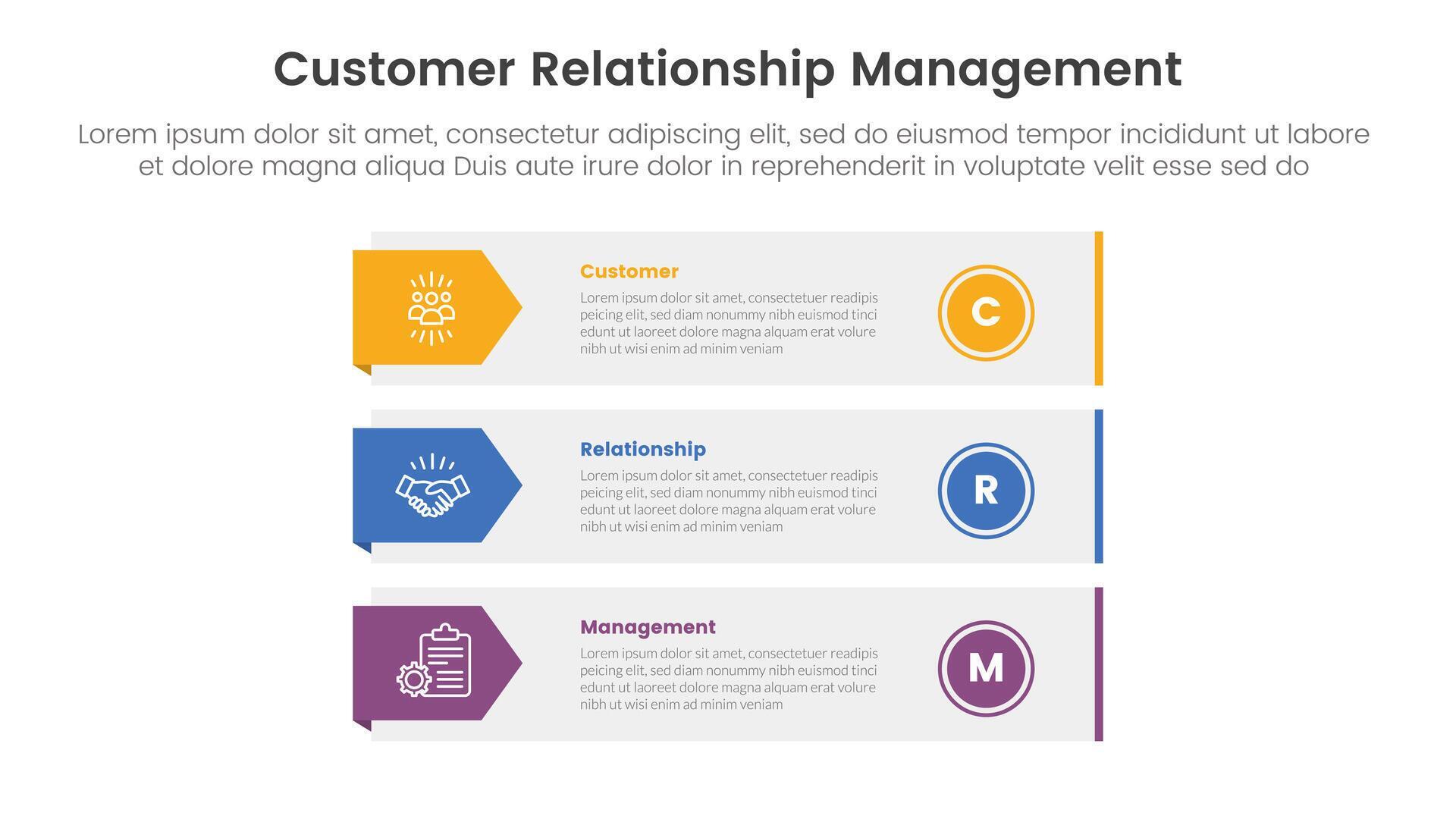 CRM customer relationship management infographic 3 point stage template with big rectangle stack with arrow badge on side for slide presentation Stock Free