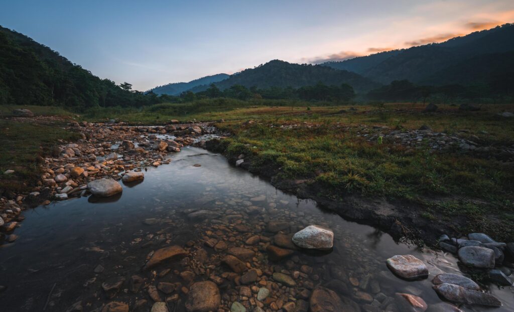 Nature landscape view of fresh water stream Stock Free