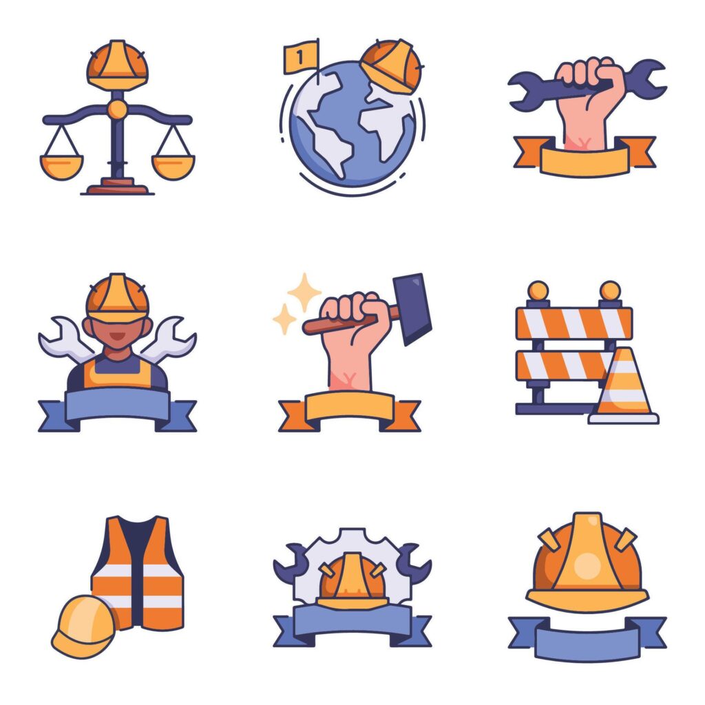 A set of labor icons and badges in a trendy linear style Stock Free