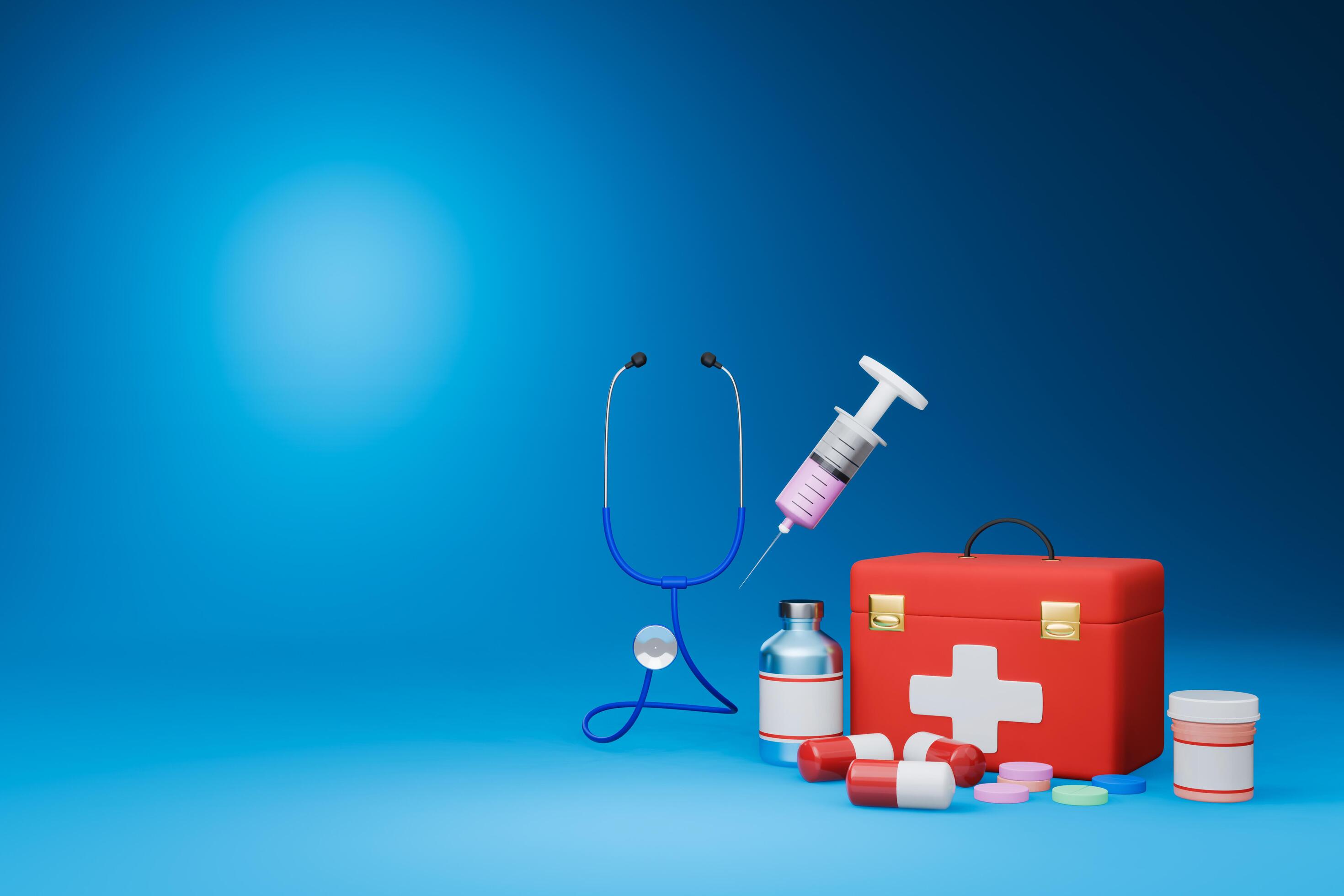 Red first aid box or bag medical emergency equipment hospital medicine aid medic pharmacy 3D illustration Isolated on a blue background Stock Free