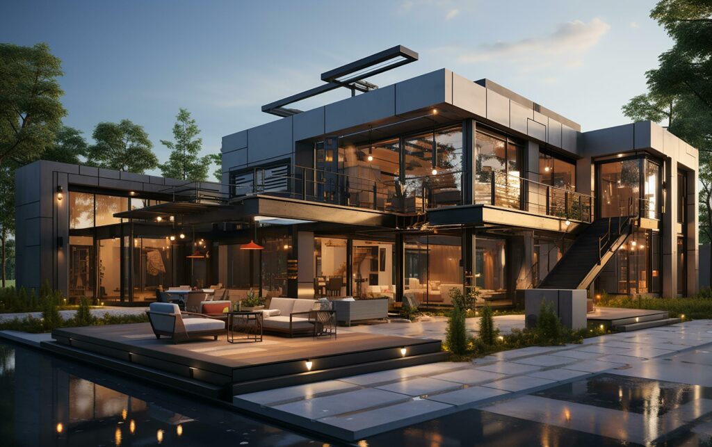 unique industrial architecture house in daylight, photo-realistic AI generative Stock Free