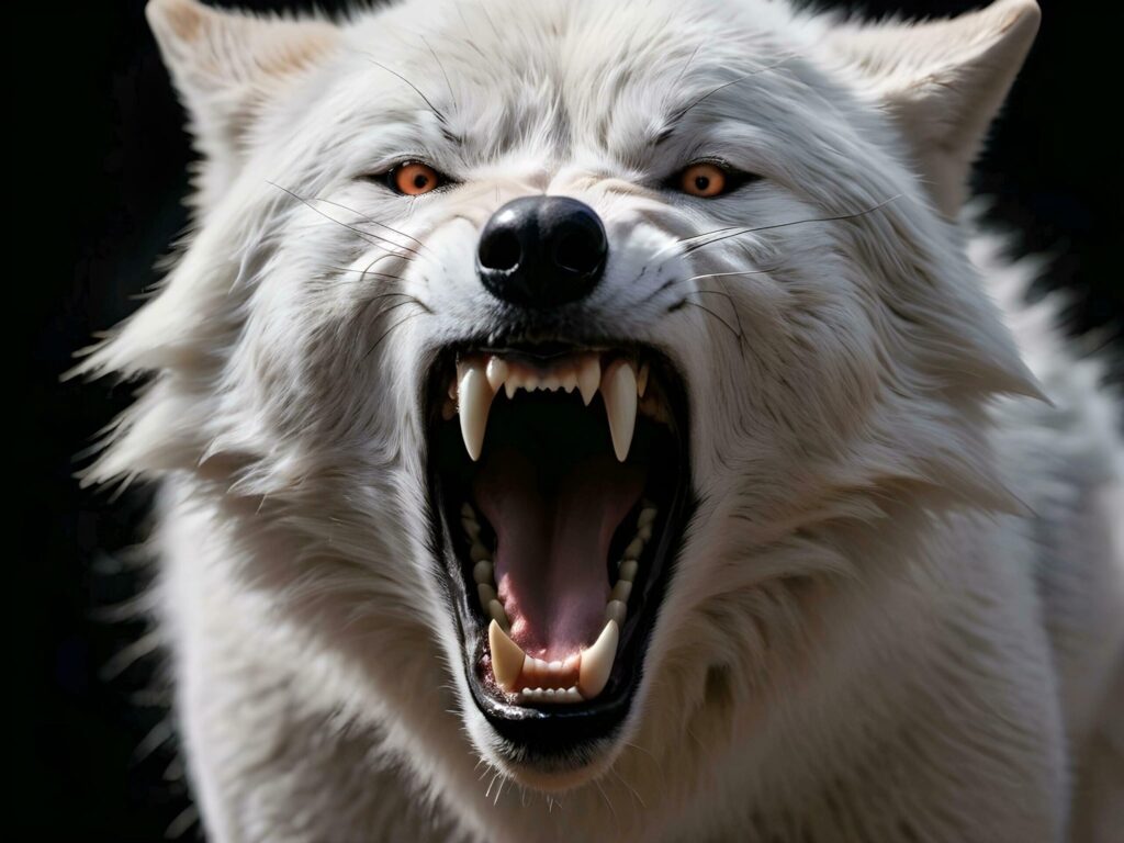 Close-up of a fierce white wolf roaring against a black background Free Photo