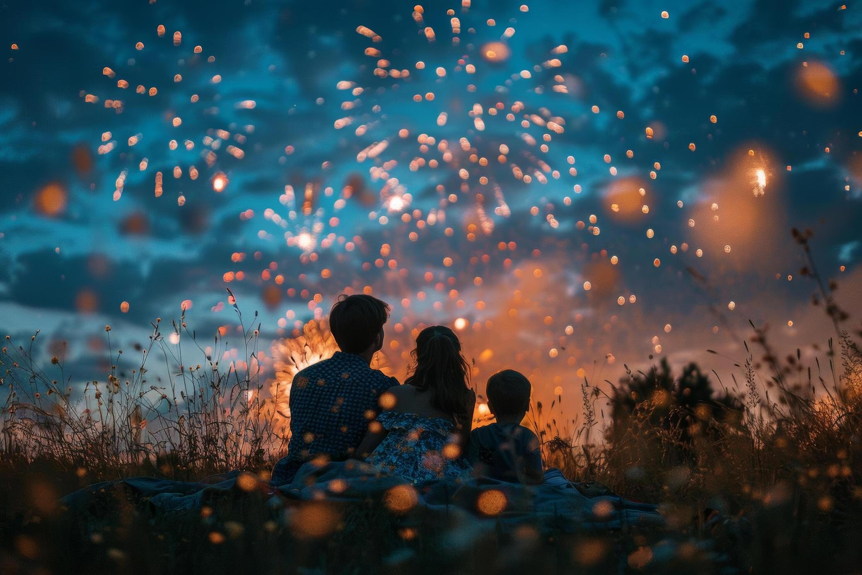 A family sitting on a blanket, watching fireworks light up the night sky on the Fourth of July Stock Free