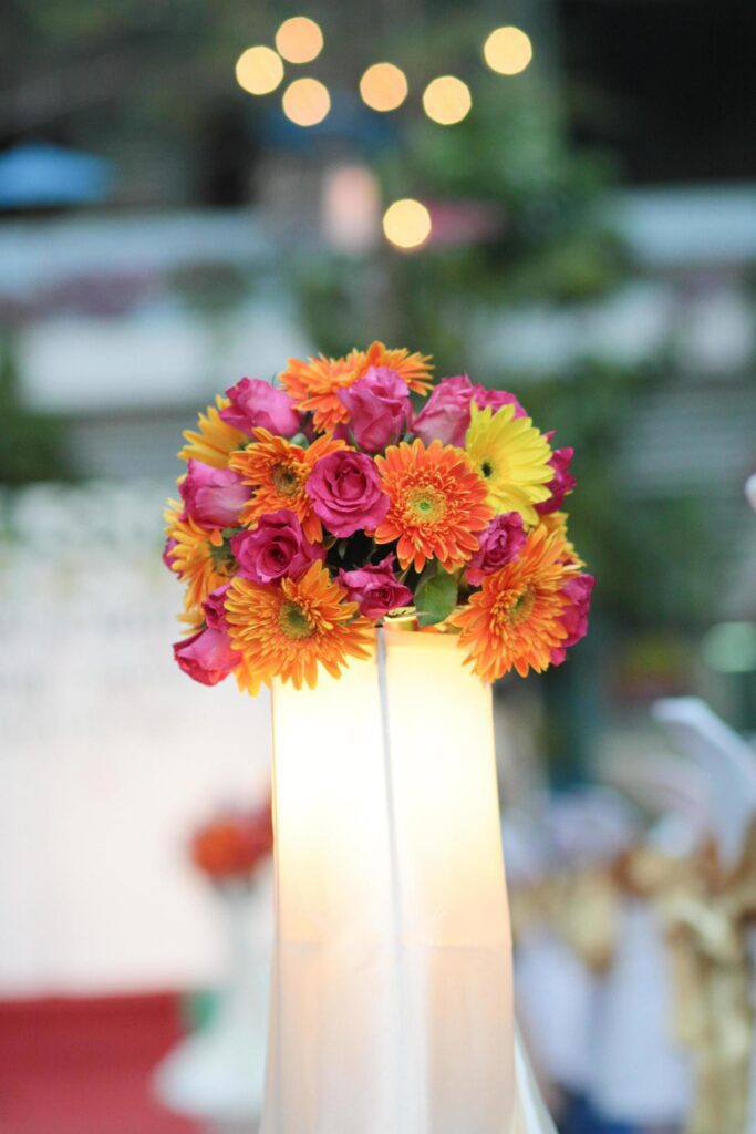 Beautiful Flowers bouquet with bokeh light decorate in wedding ceremony Stock Free