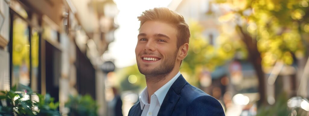 Young Confident Businessman Smiling and Posing Outdoors in Urban Business District Stock Free