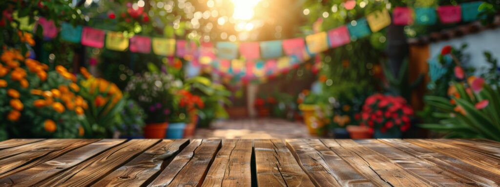 Wooden Tabletop With Blurry Background Of Colorful Decorated Street Stock Free