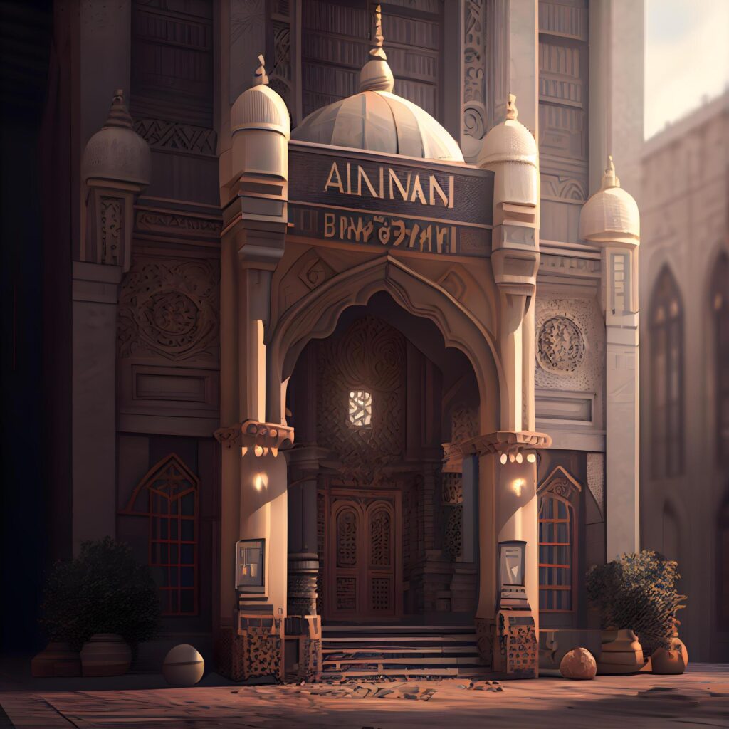 3D Illustration of the entrance to the mosque in the evening, Image Stock Free